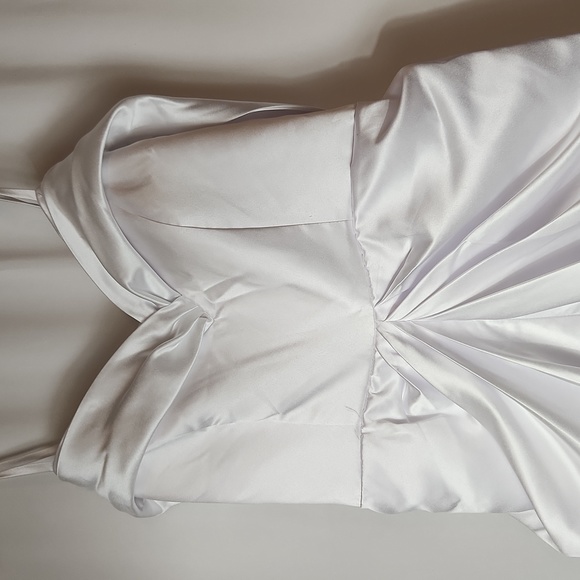 Ruffle Split Front Off-The-Shoulder Satin Sheath/Column Wedding Dress - Picture 3 of 5